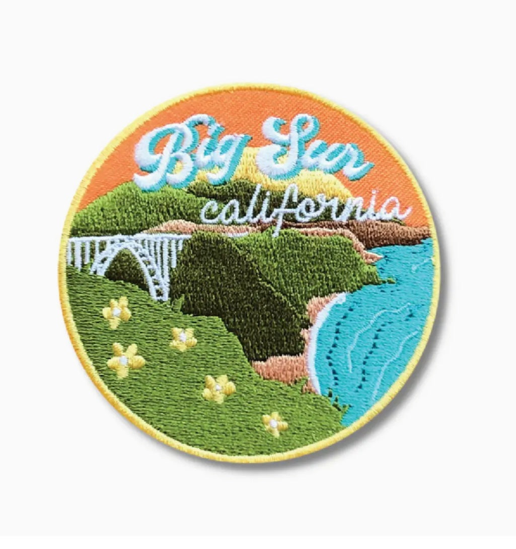 Round iron-on patch with embroidered Big Sur California landscape and text
