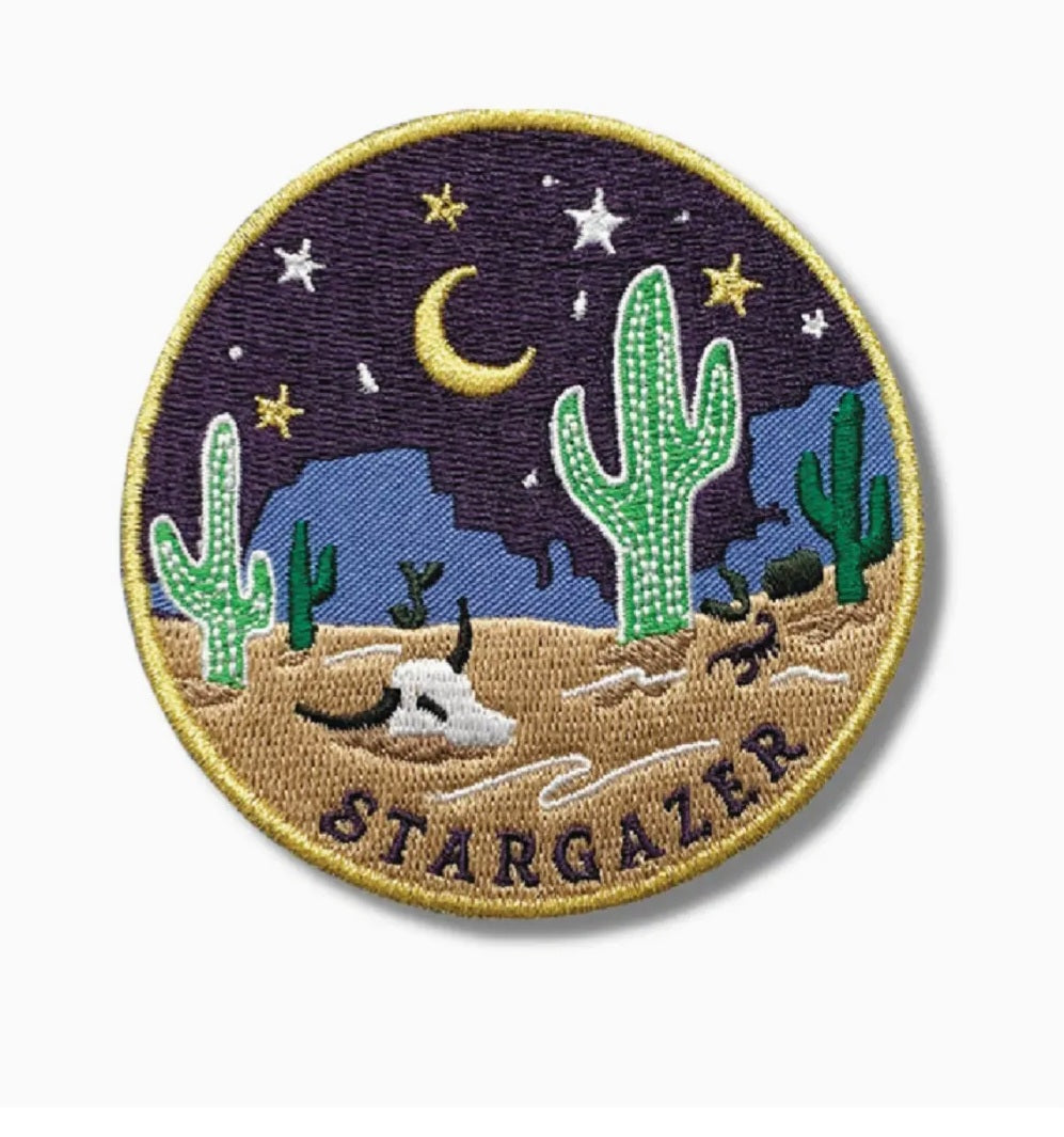 Iron-on patch with stargazer desert scene: crescent moon, stars, cactus, and 'STARGAZER' text
