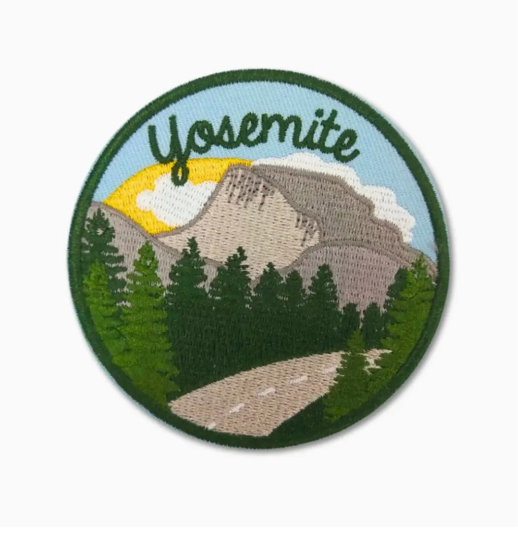 Round iron-on patch with green border, Yosemite text, mountain landscape