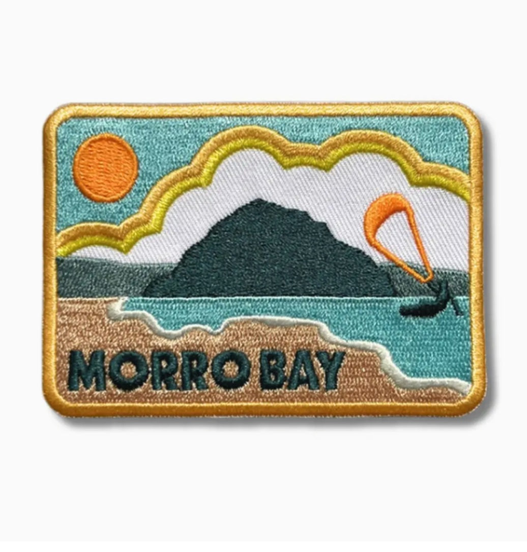 Iron-on embroidered patch, teal ocean and dark mountain, MORRO BAY text