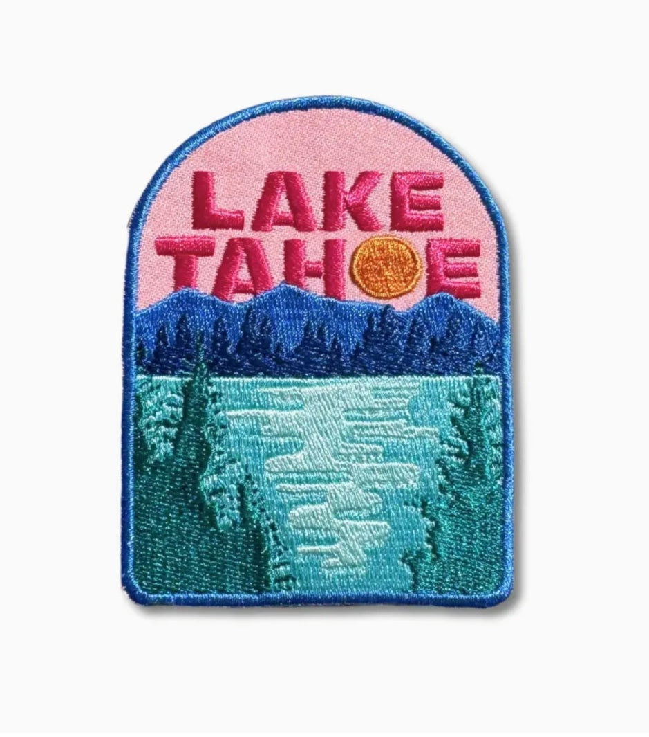 Iron-on patch, arched badge with LAKE TAHOE lettering, mountains and lake scene