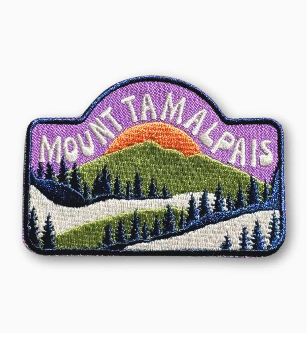 Iron-on embroidered patch with Mount Tamalpais text and mountain sunset landscape