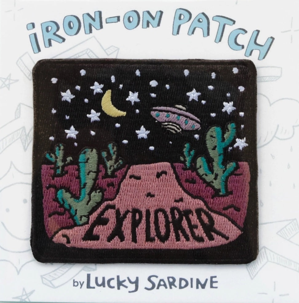 Iron-on patch: black with embroidered moon, stars, UFO, cacti, 'EXPLORER'; Lucky Sardine