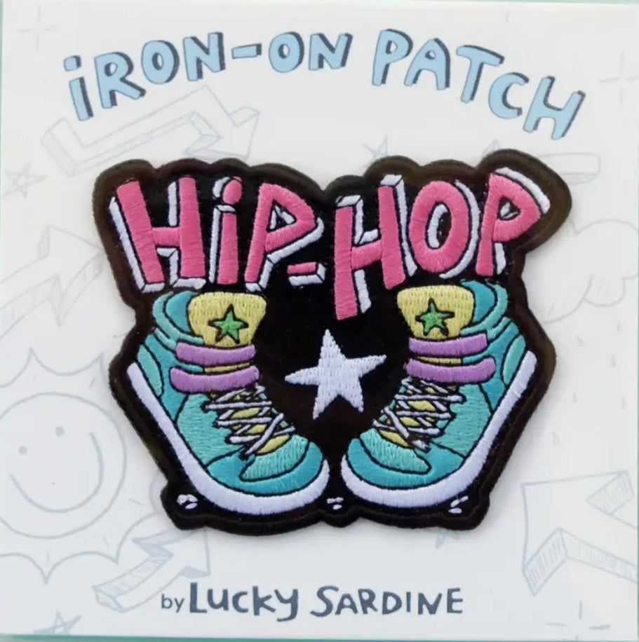 Iron-on sneakers patch with 'HIP-HOP' text, cartoon shoes and star details