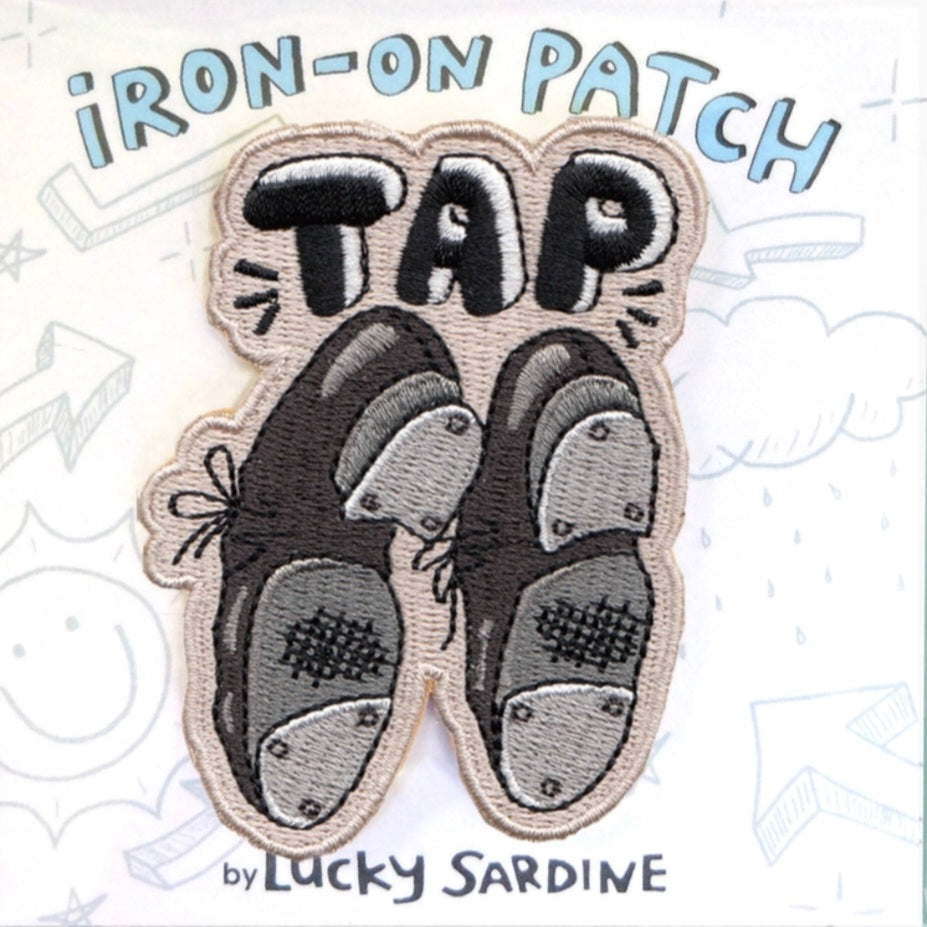 Embroidered tap dance shoes iron-on patch with Lucky Sardine branding