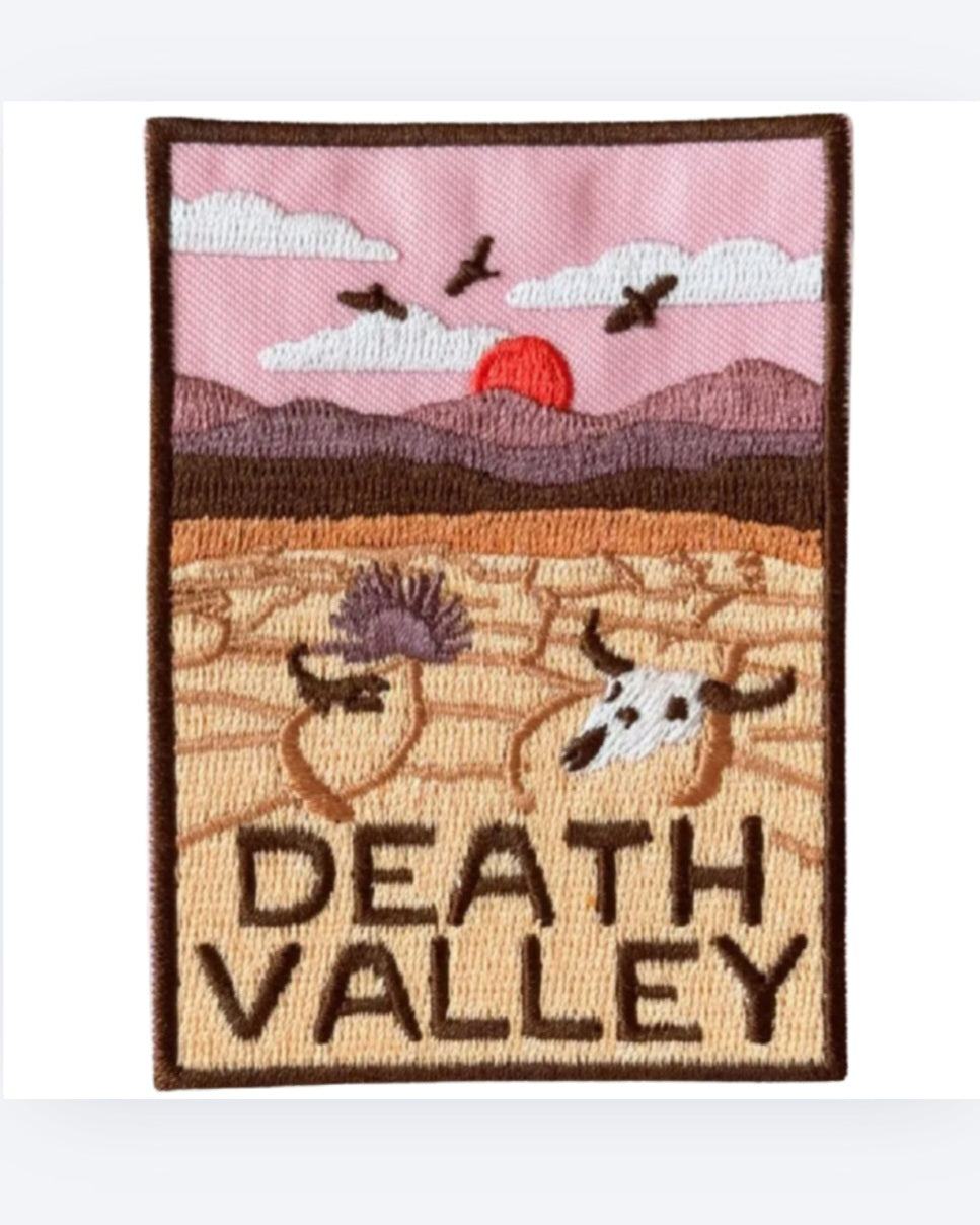 Iron-on patch with embroidered Death Valley desert landscape and flowers, text 'DEATH VALLEY'