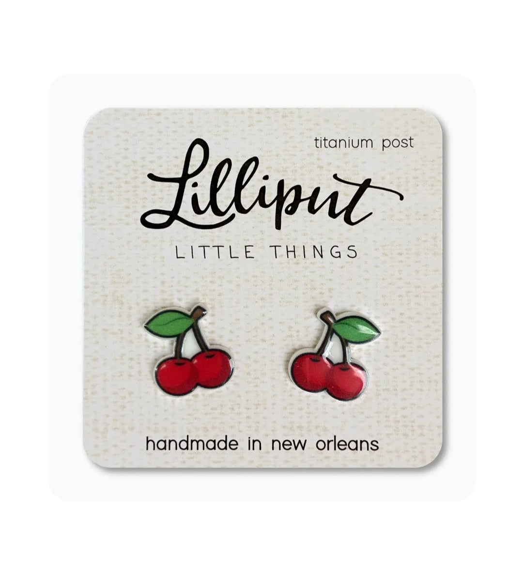 Cherry stud earrings with green leaves and red enamel, Lilliput titanium posts