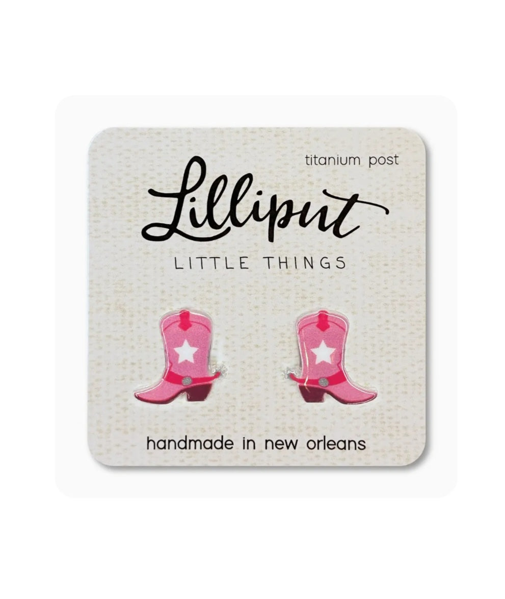 Pink cowboy boot earrings with white star, titanium posts