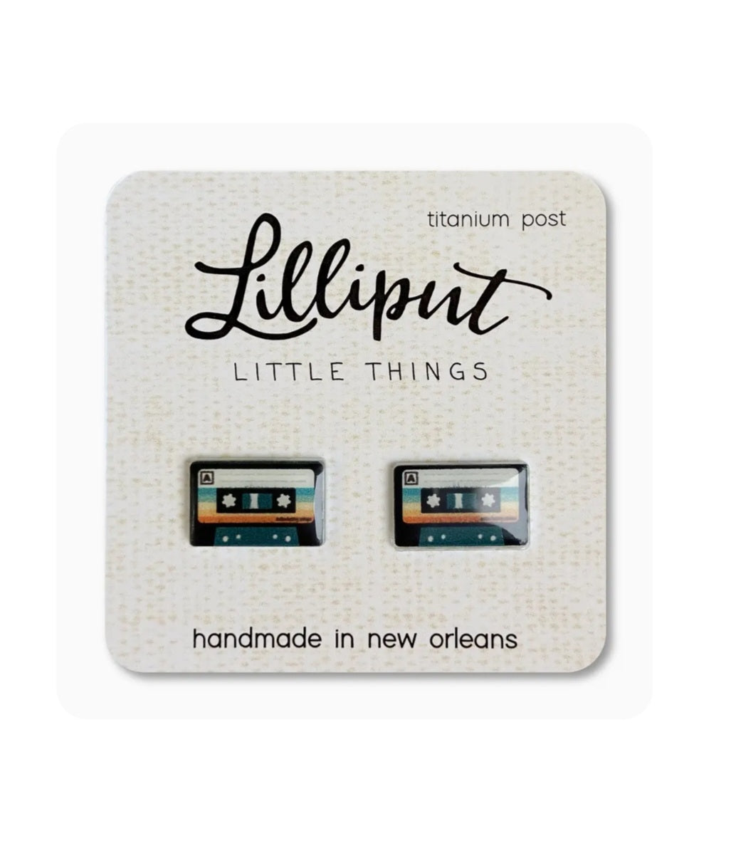 Retro cassette tape stud earrings with colored tape design and titanium posts