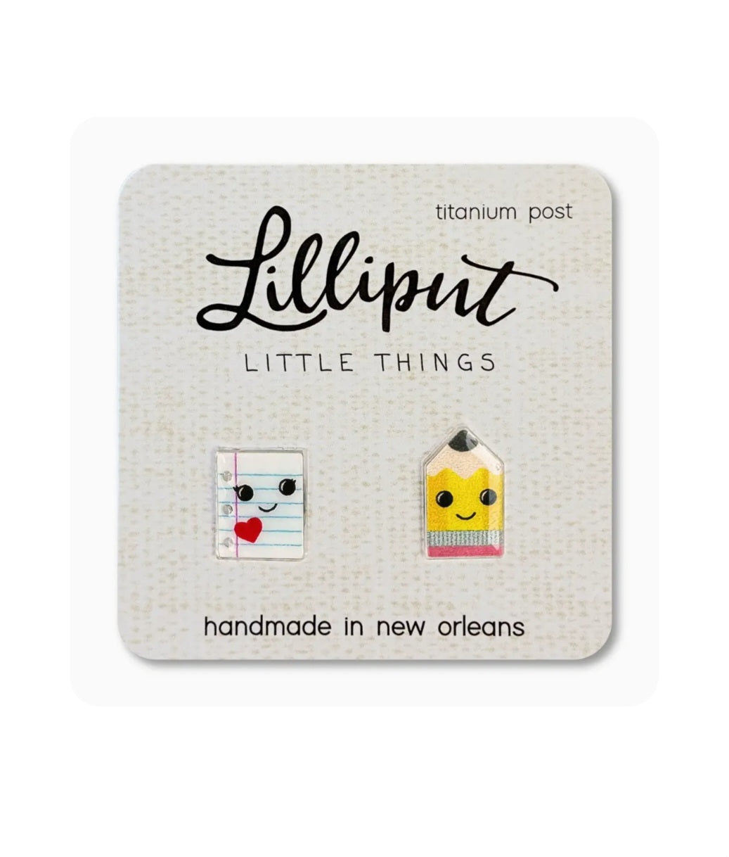 Lilliput pencil and paper stud earrings with titanium posts, enamel designs