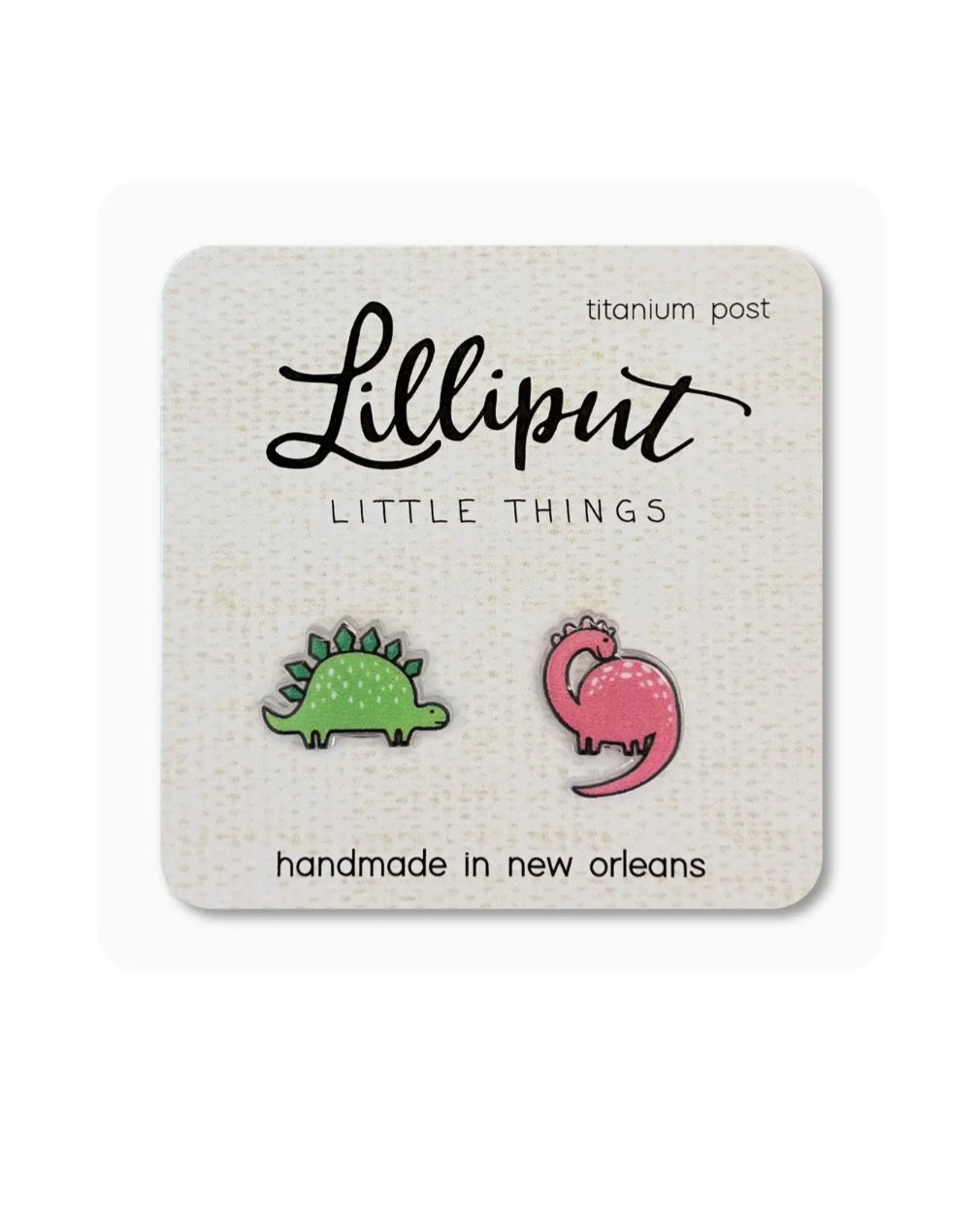 Dinosaur stud earrings, green and pink enamel, with titanium posts