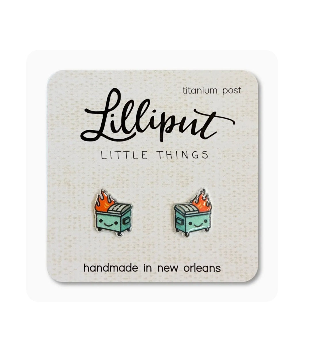 Lilliput dumpster fire earrings with orange flames on teal boxes, titanium posts