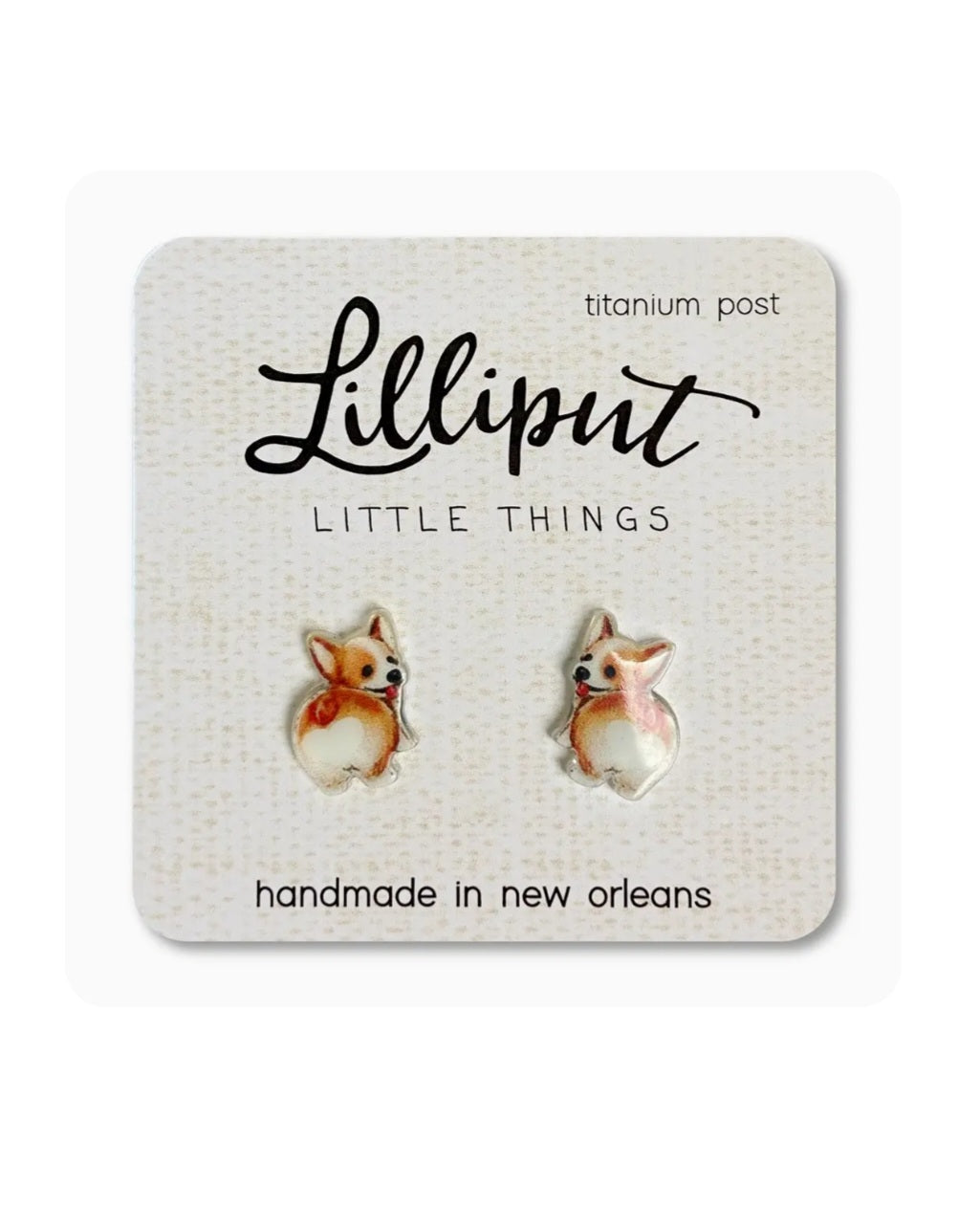 Corgi butt stud earrings with titanium posts, enamel-style cartoon design