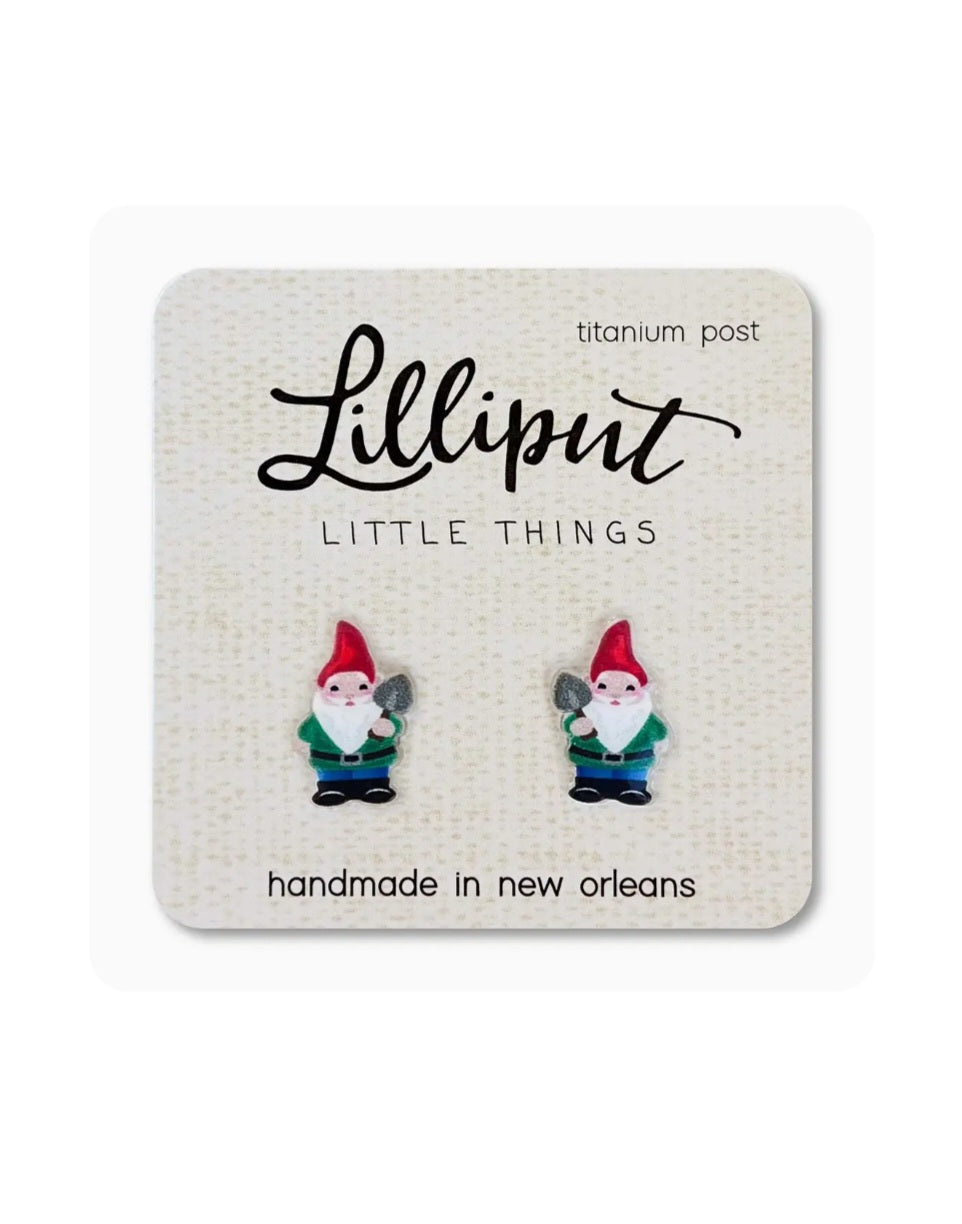 Garden gnome stud earrings with red hats; titanium posts