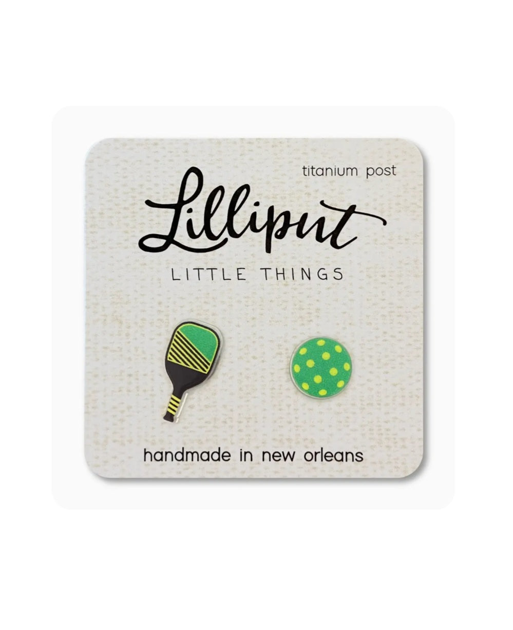 Pickleball Lilliput earrings, green dotted ball and black/yellow paddle studs