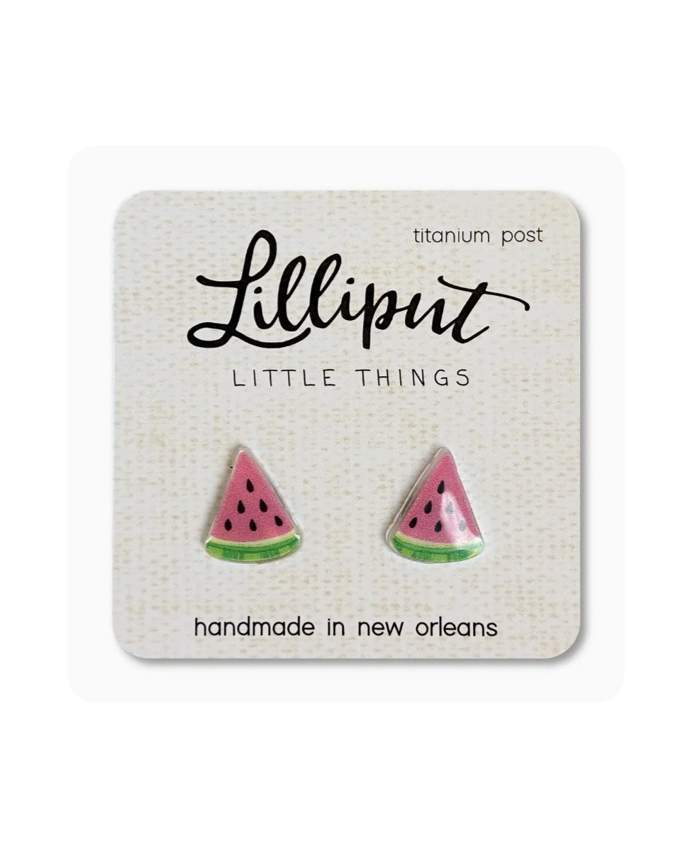 Lilliput watermelon slice stud earrings with pink red triangle and green rind, titanium post