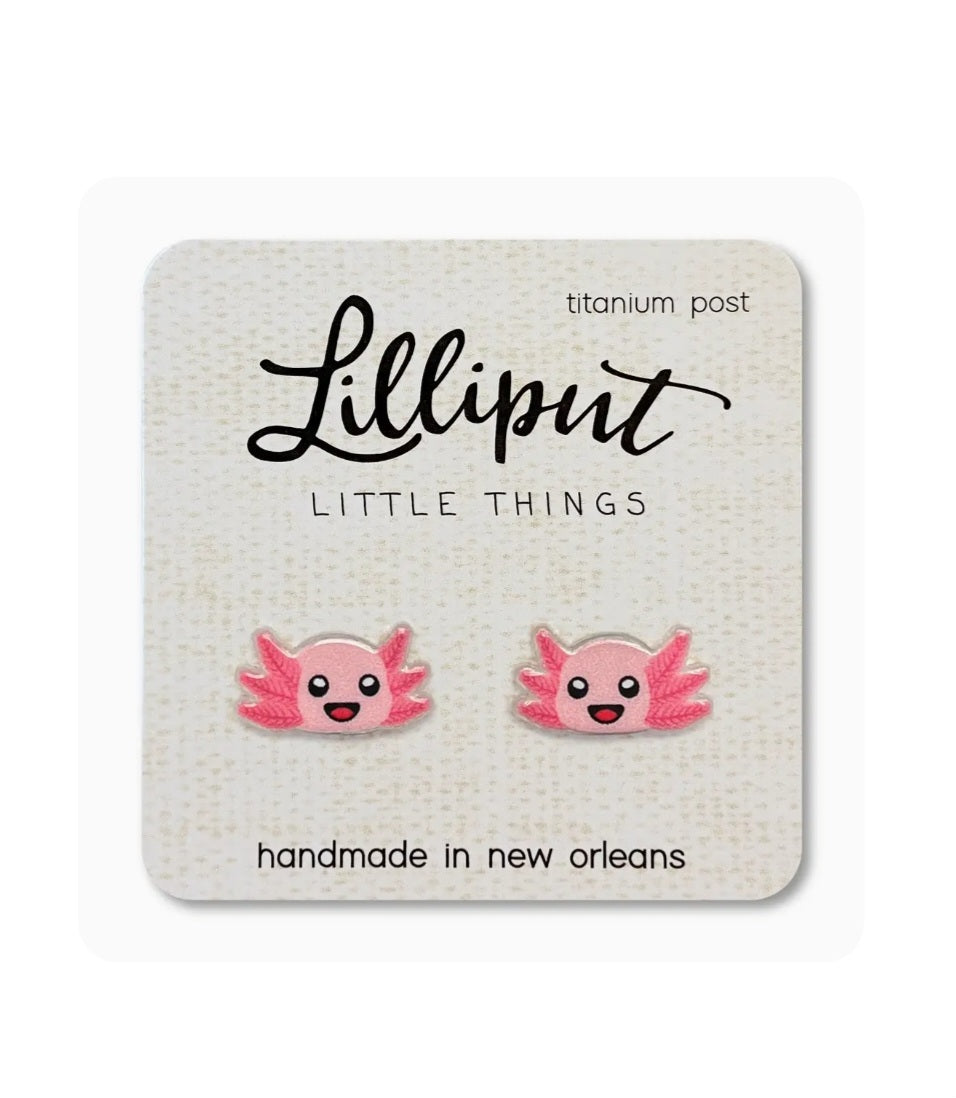 Pink axolotl stud earrings with titanium posts