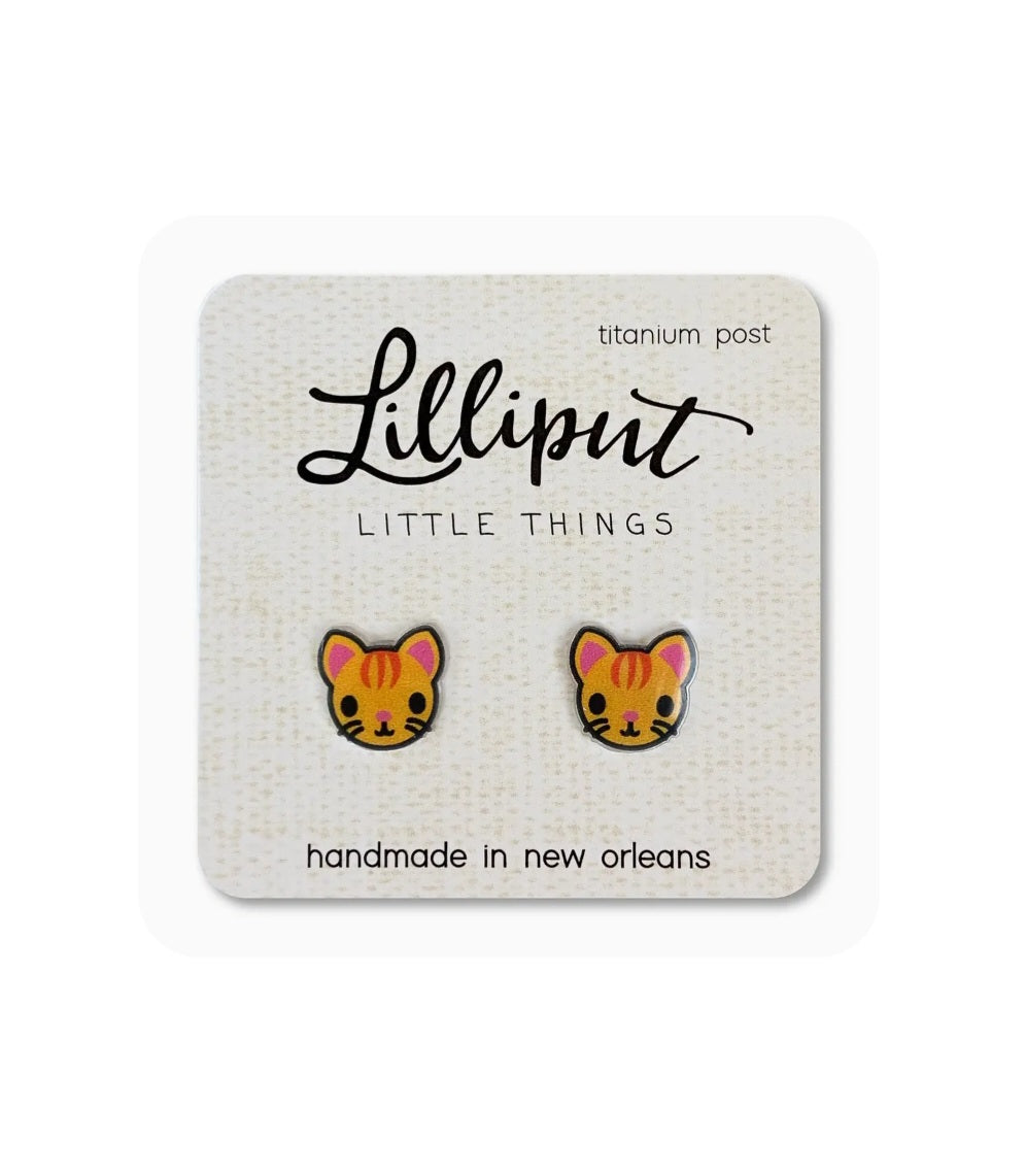 Orange cat stud earrings with titanium posts, small enamel faces