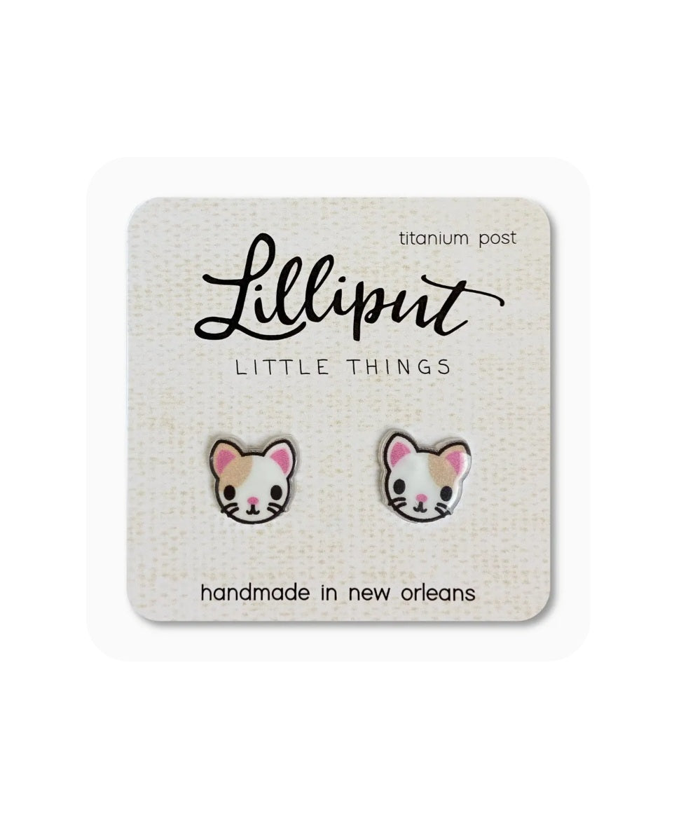 Orange and white cat stud earrings with small pink noses, titanium posts