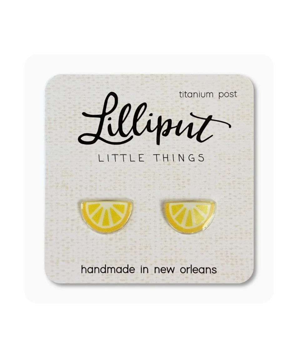 Lemon wedge stud earrings with yellow resin slices and titanium posts