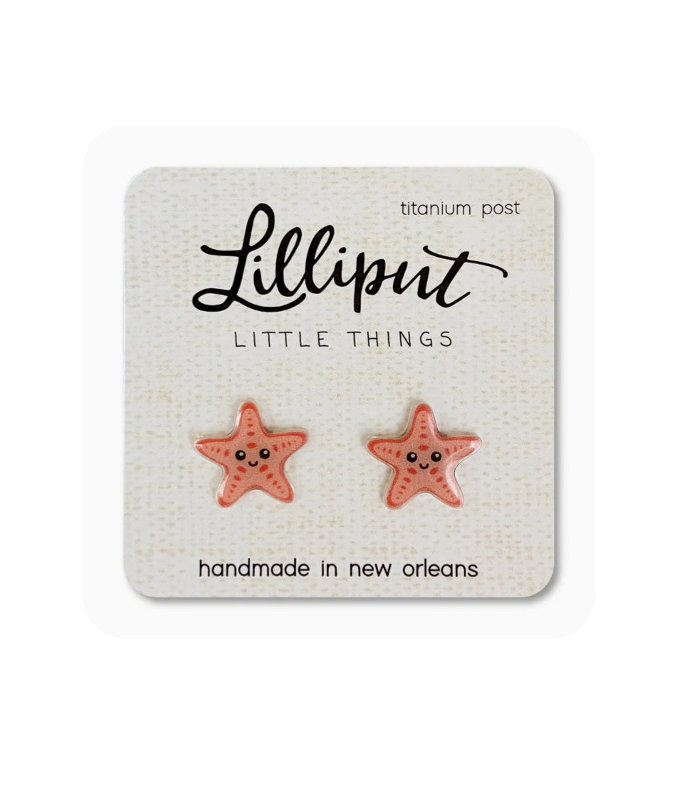 Lilliput orange starfish stud earrings with titanium posts