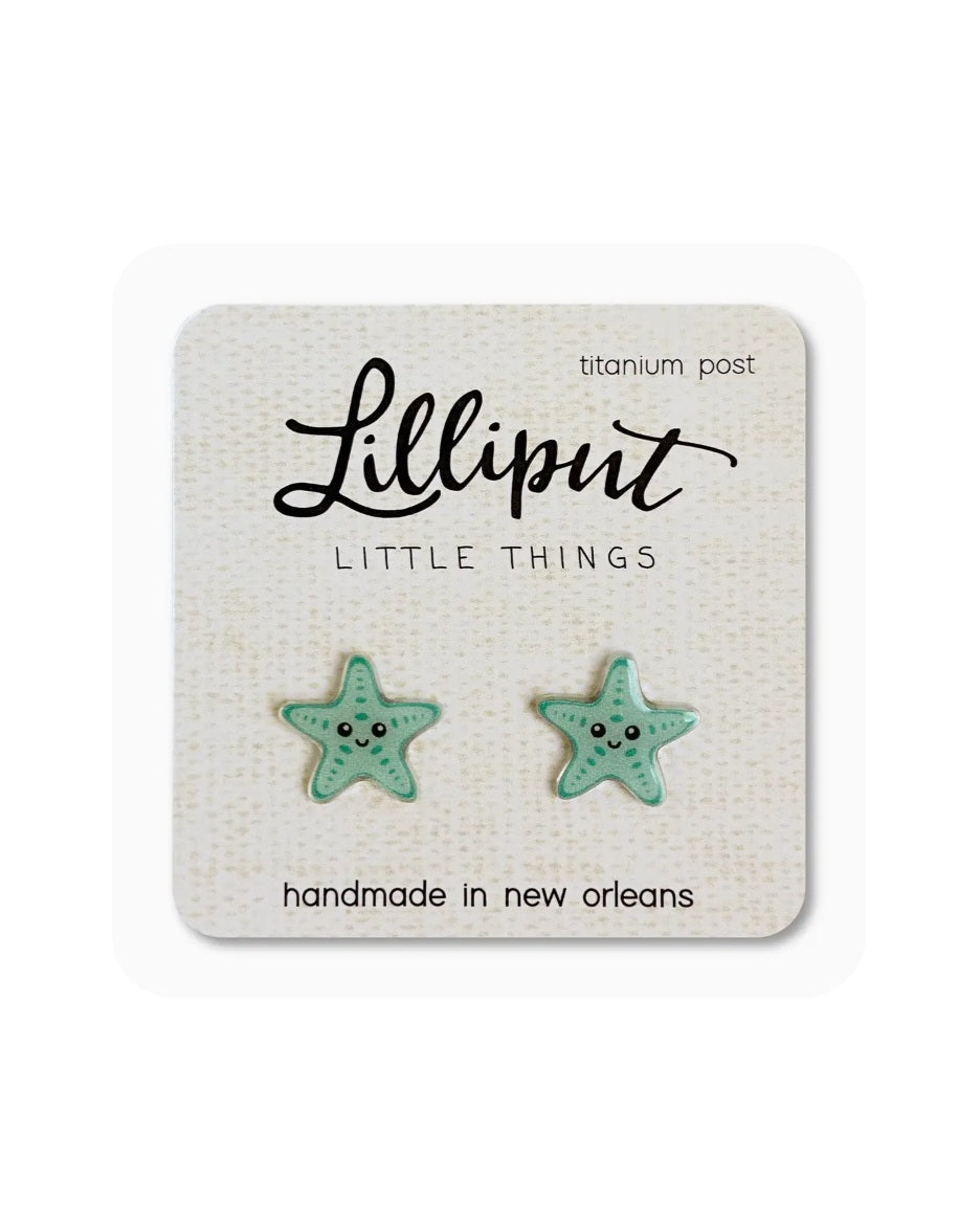Starfish stud earrings with titanium posts, small green starfish dangle design