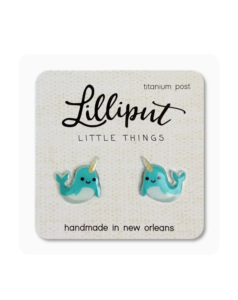 Narwhal stud earrings with blue charm, titanium posts