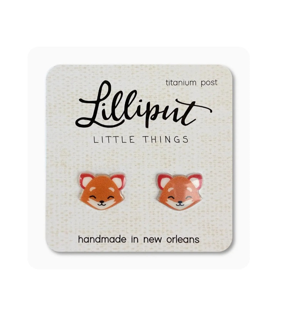 Small fox head stud earrings with red and white enamel, titanium post backs
