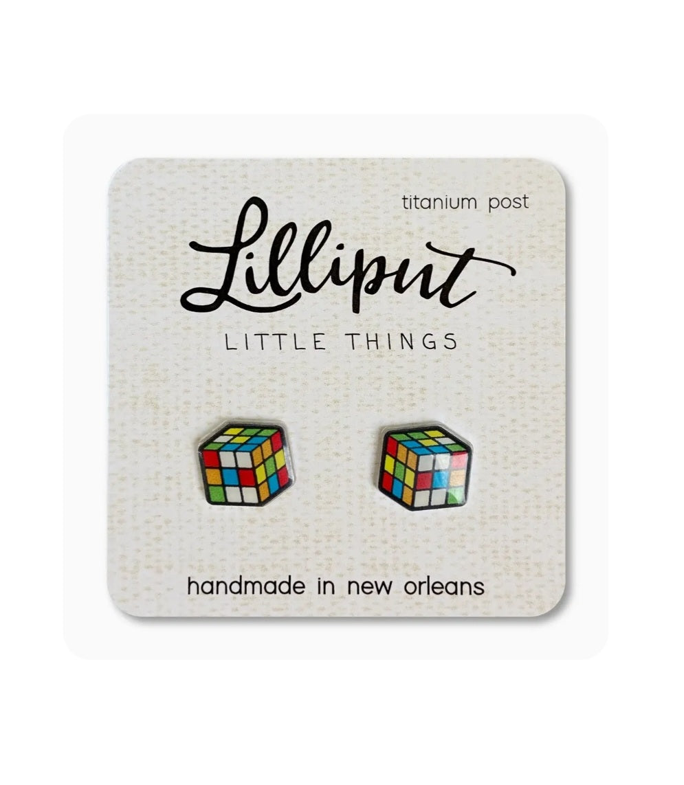 Rubik's Cube stud earrings with multicolor cube pattern and metal posts