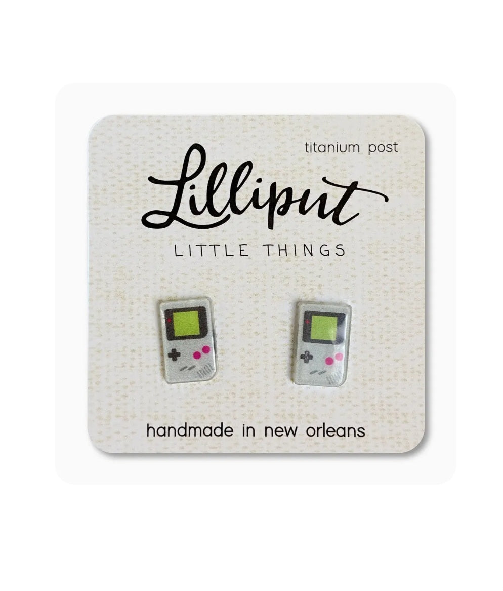 Gameboy-style stud earrings with green screen, pink buttons, titanium posts