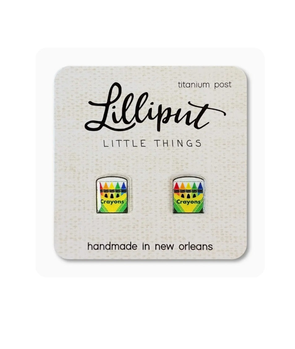 Crayons Lilliput stud earrings with colorful crayon boxes; titanium post backing