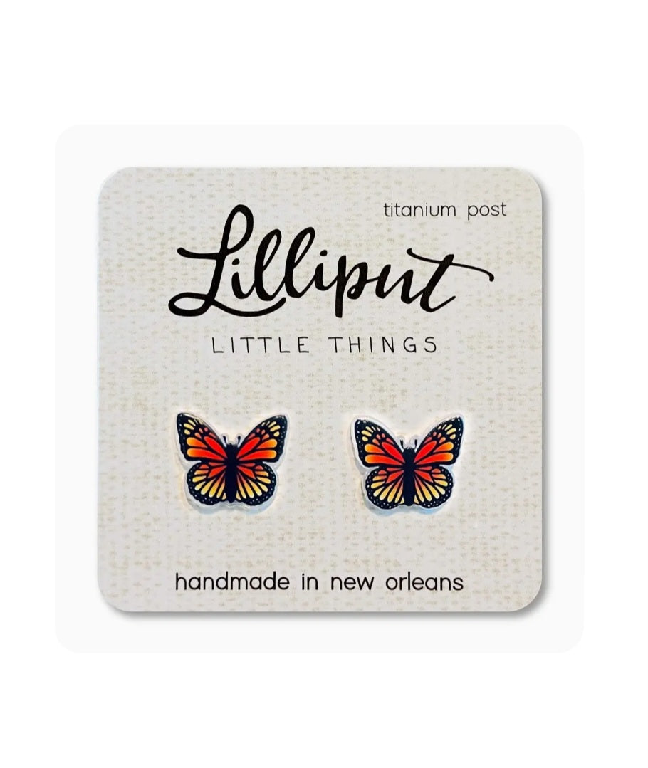 Butterfly stud earrings with colorful enamel wings, titanium posts