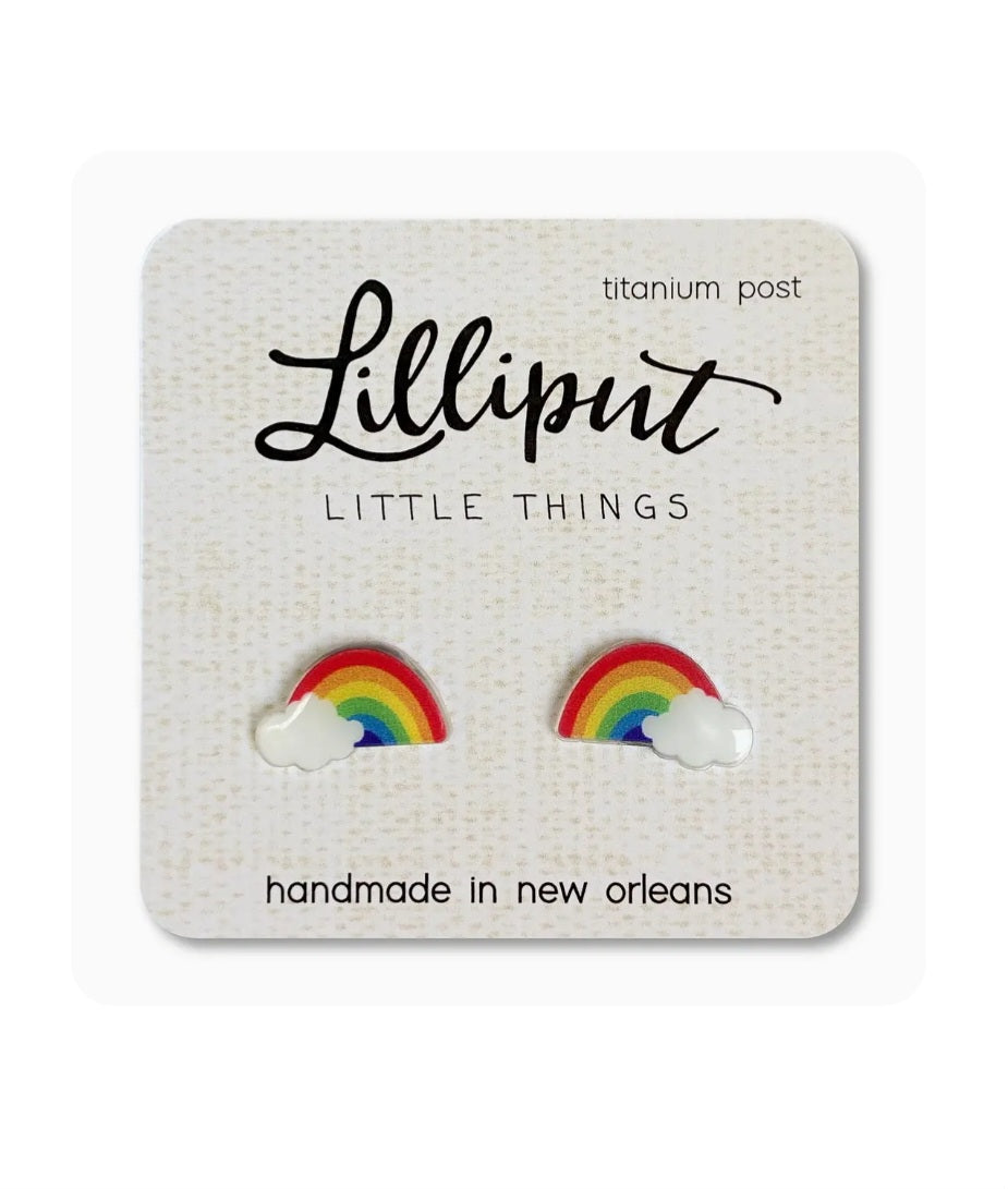 Rainbow and cloud stud earrings with titanium posts, small size
