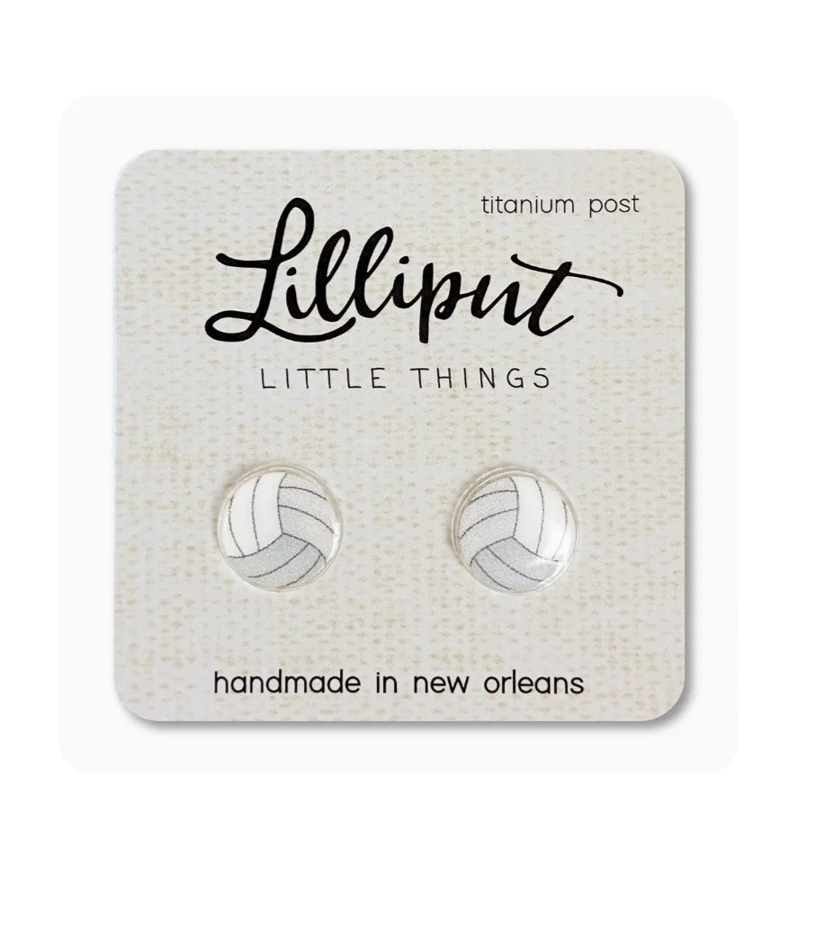 Lilliput volleyball earrings with white and gray striped ball stud dangles