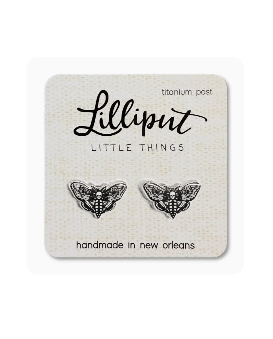 Moth stud earrings, silver-tone small death moth design