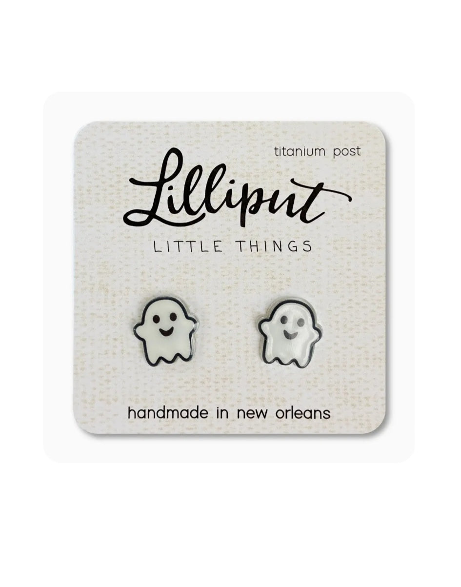 Lilliput ghost stud earrings with titanium posts, small smiling ghosts pair