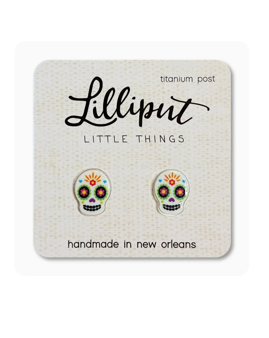 Sugar skull stud earrings, multicolor enamel, with titanium posts