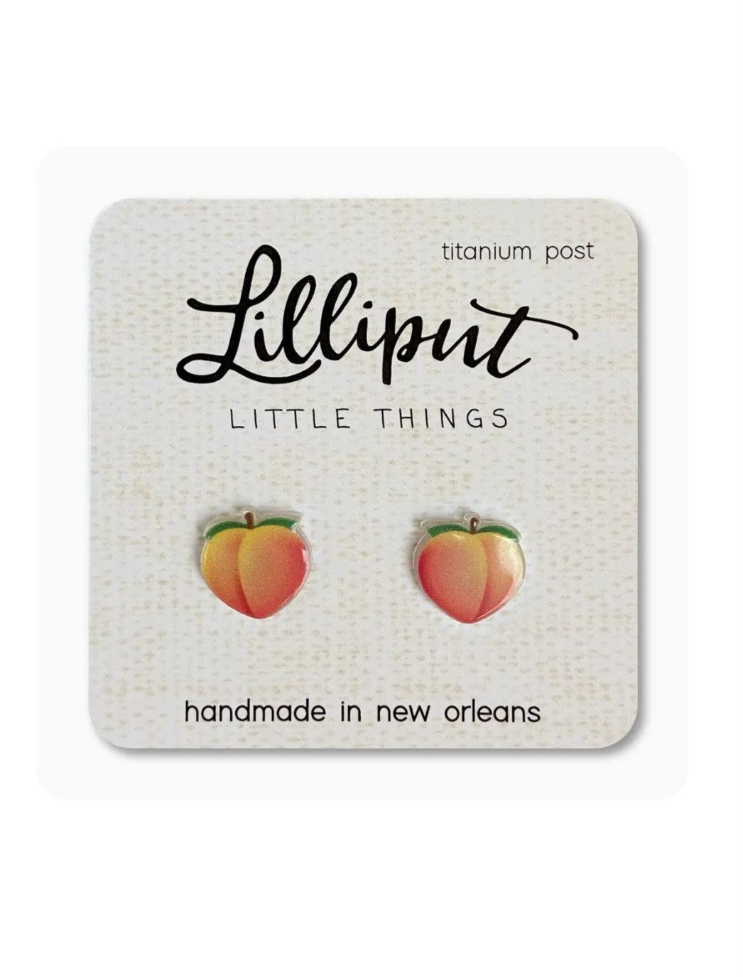 Peach lilliput stud earrings with red-orange fruit design, titanium posts