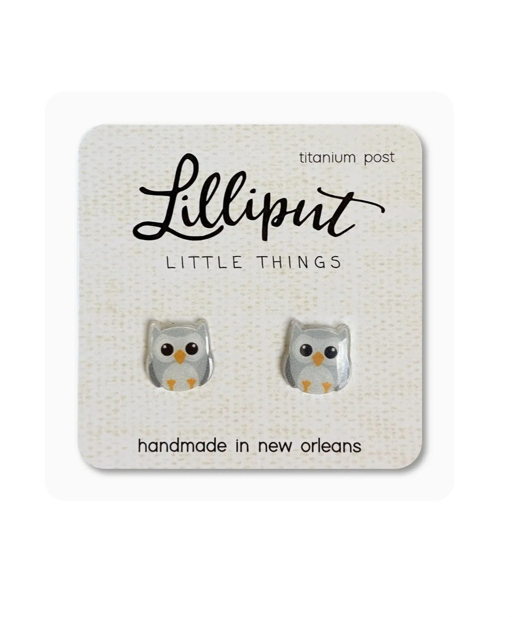 Small owl stud earrings with yellow eyes, gray enamel, titanium posts