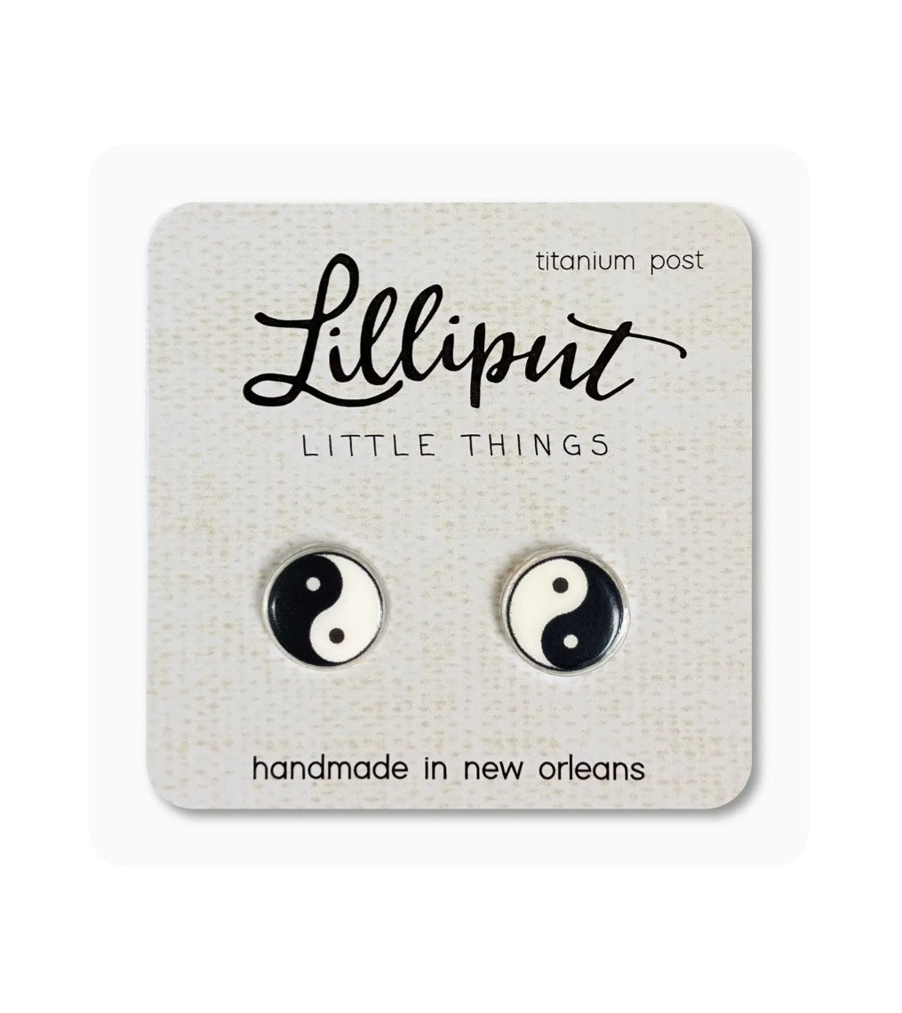 Yin yang lilliput earrings with black and white enamel yin-yang studs, titanium posts