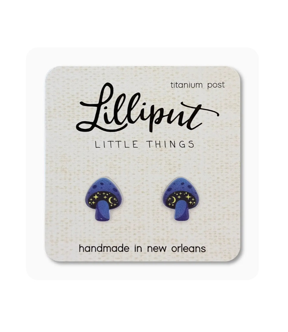 Space mushroom stud earrings, blue starry enamel, titanium posts
