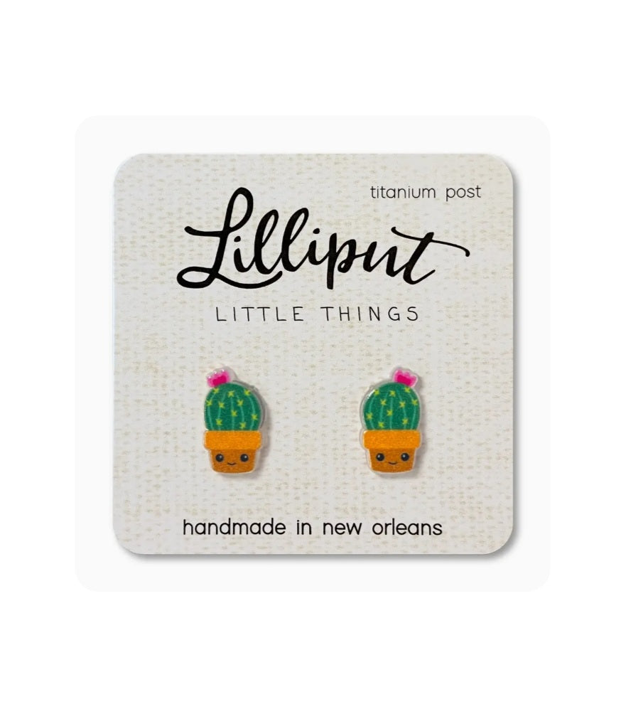 Cactus drop earrings with green cactus charms and pink tops, titanium posts