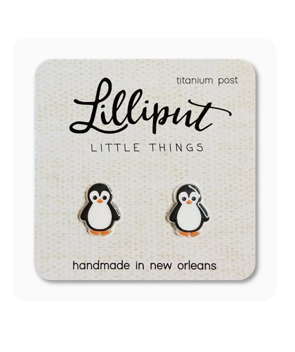 Penguin stud earrings with black, white, and orange enamel; titanium posts