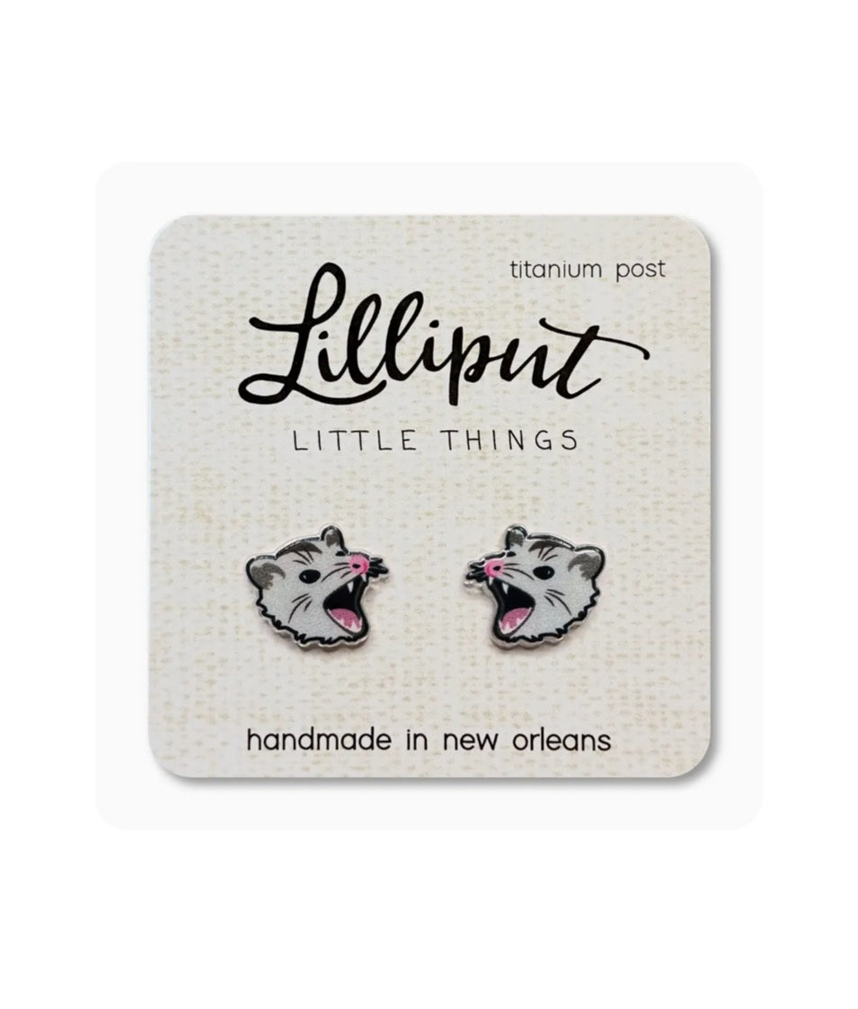 Lilliput possum stud earrings with pink tongues, titanium posts