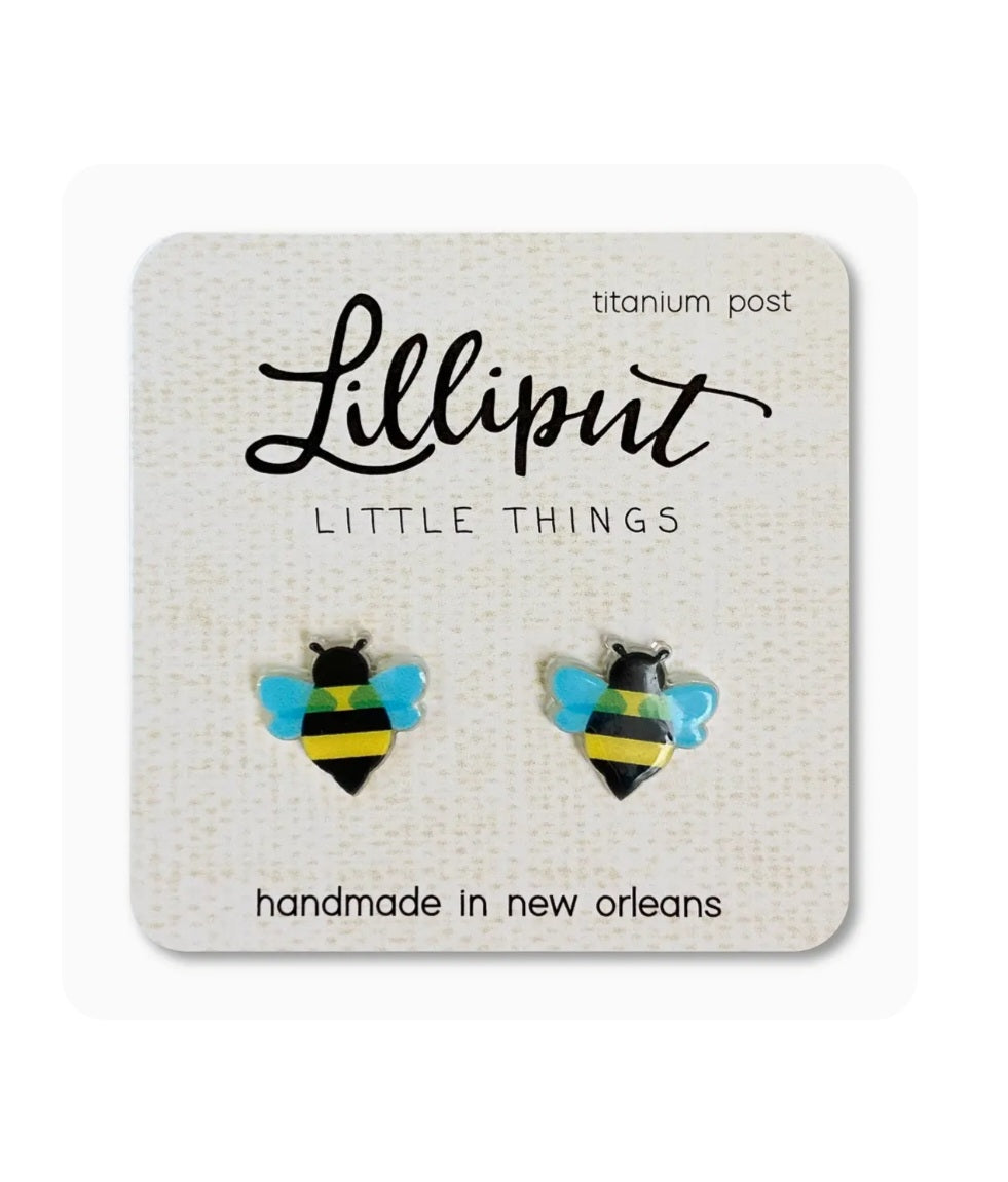 Bee stud earrings with blue wings and yellow bodies, titanium posts