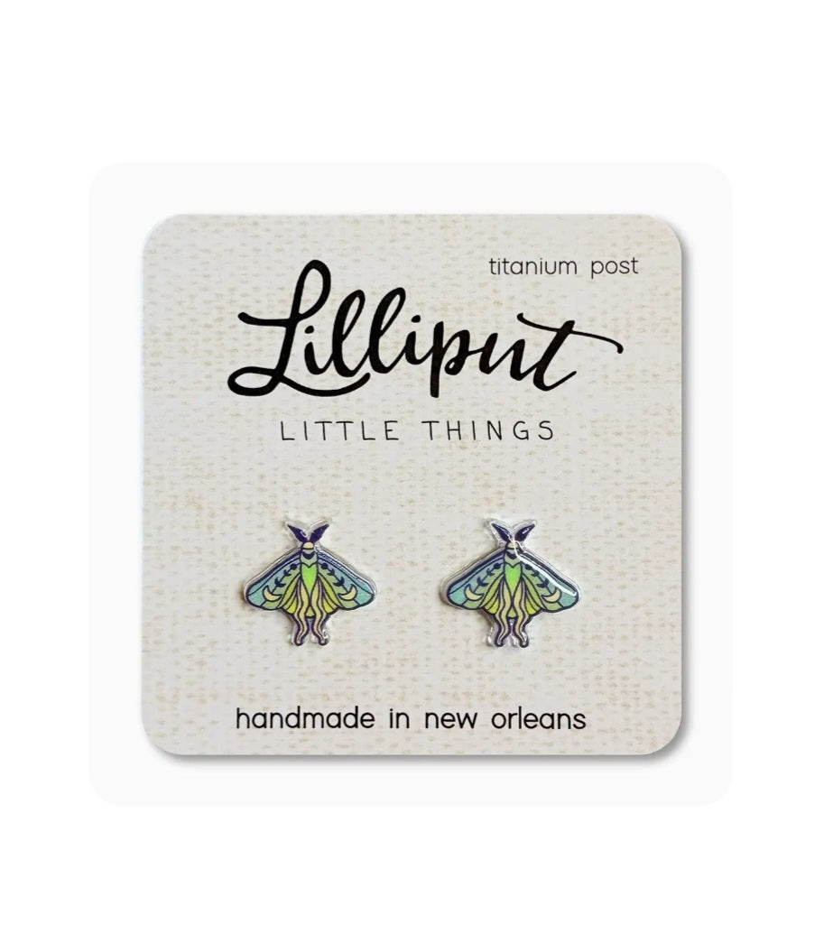 Moth Lilliput enamel moth stud earrings with titanium posts, multicolor wings