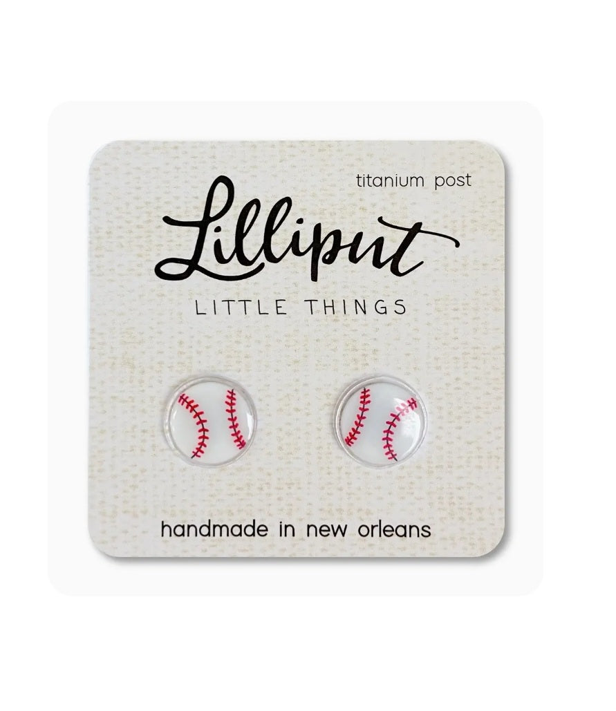 Baseball Lilliput stud earrings with red stitching, round clear posts