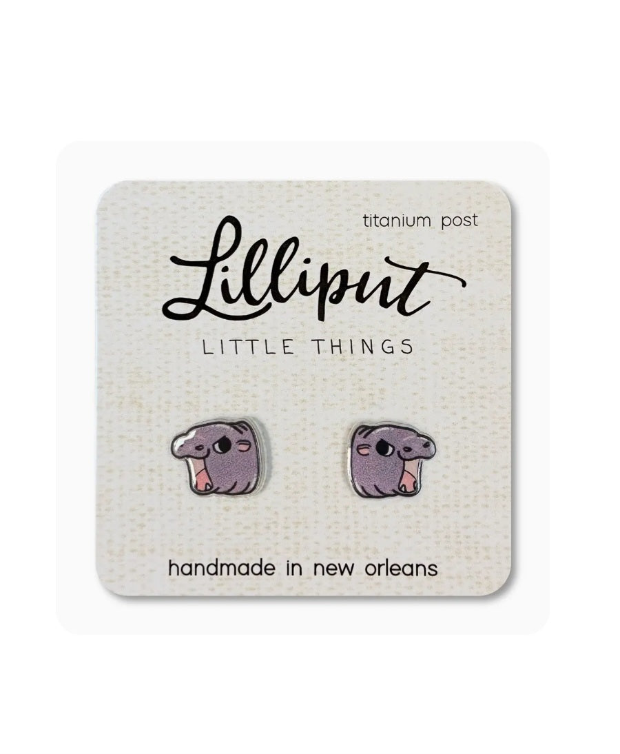 Hippo Lilliput enamel stud earrings with titanium posts, purple hippo