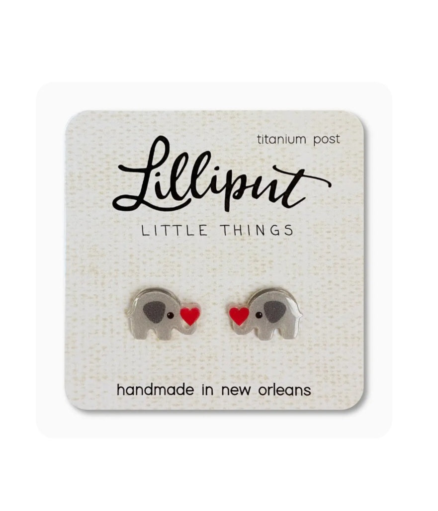 Elephant Lilliput earrings with gray elephant heads and red heart details, titanium posts