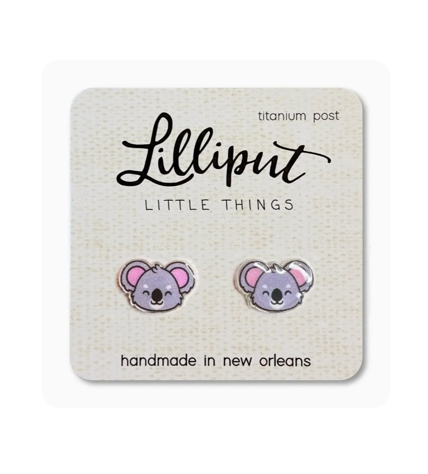 Koala face stud earrings with purple outline and pink inner ears, silver-tone posts